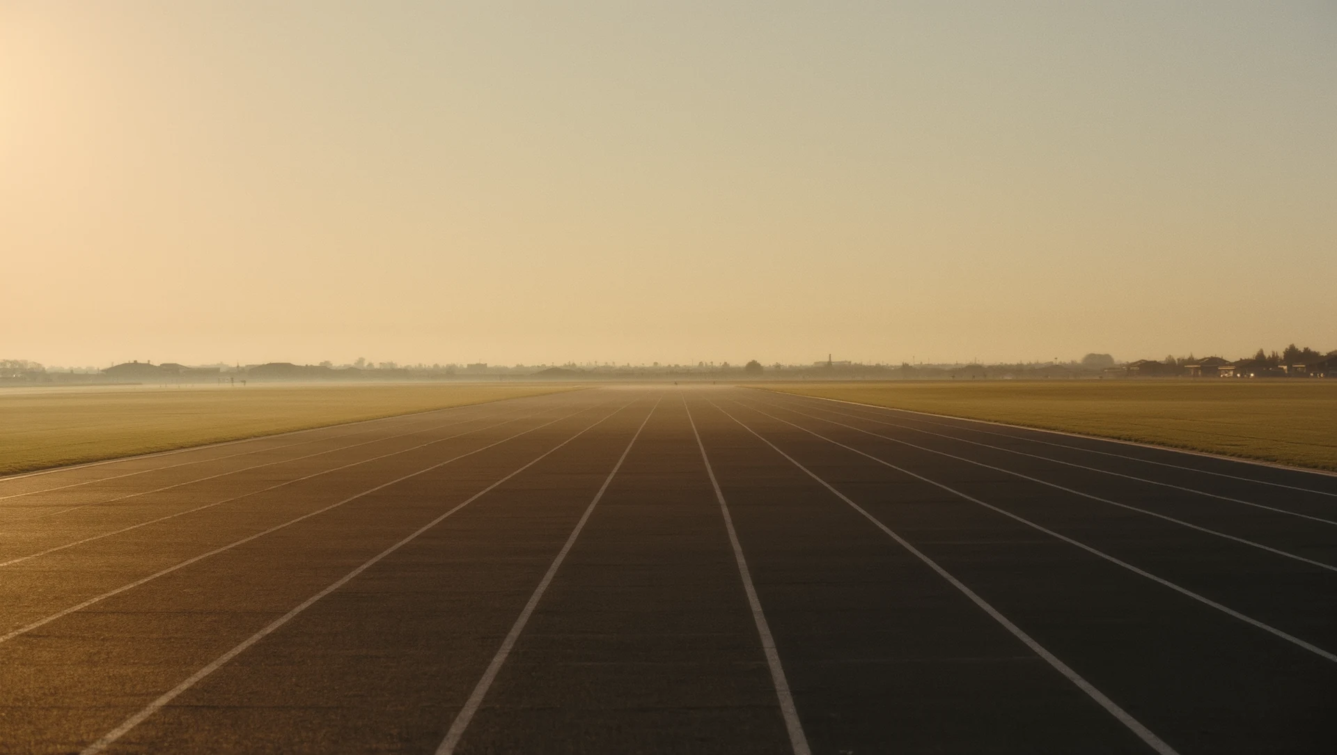 An empty running track at sunrise, lane lines converging, long shadows and warm haze over the surface