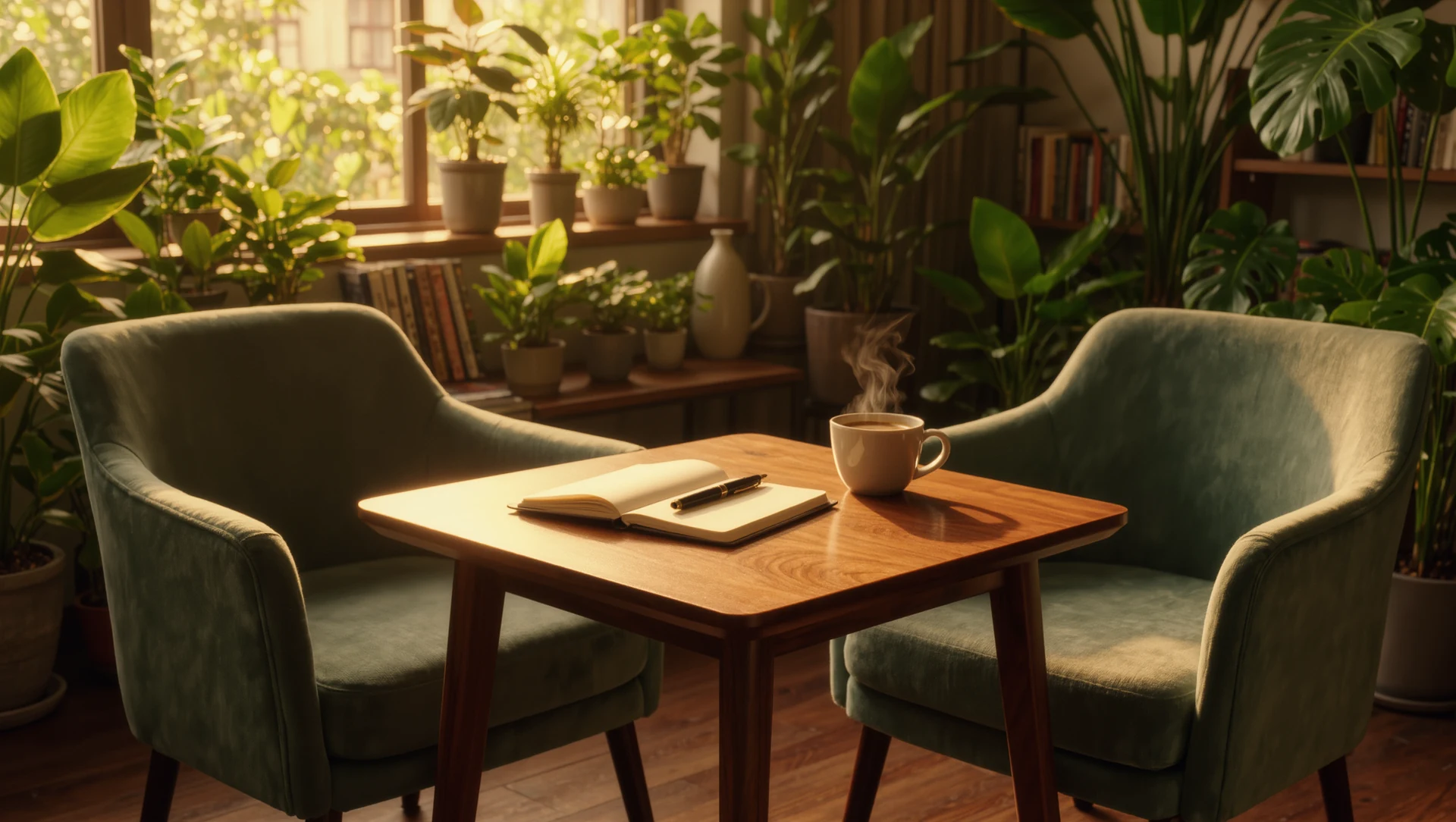 A notebook, pen and cup of coffee on a small table beside two comfortable chairs in a warm, plant-filled room