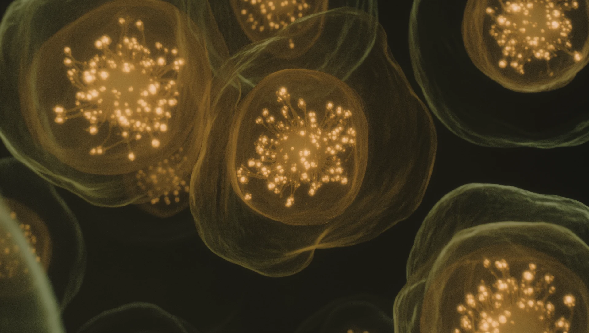 Abstract macro of glowing amber cellular structures suspended in dark fluid, tiny points of golden light like power plants inside a cell