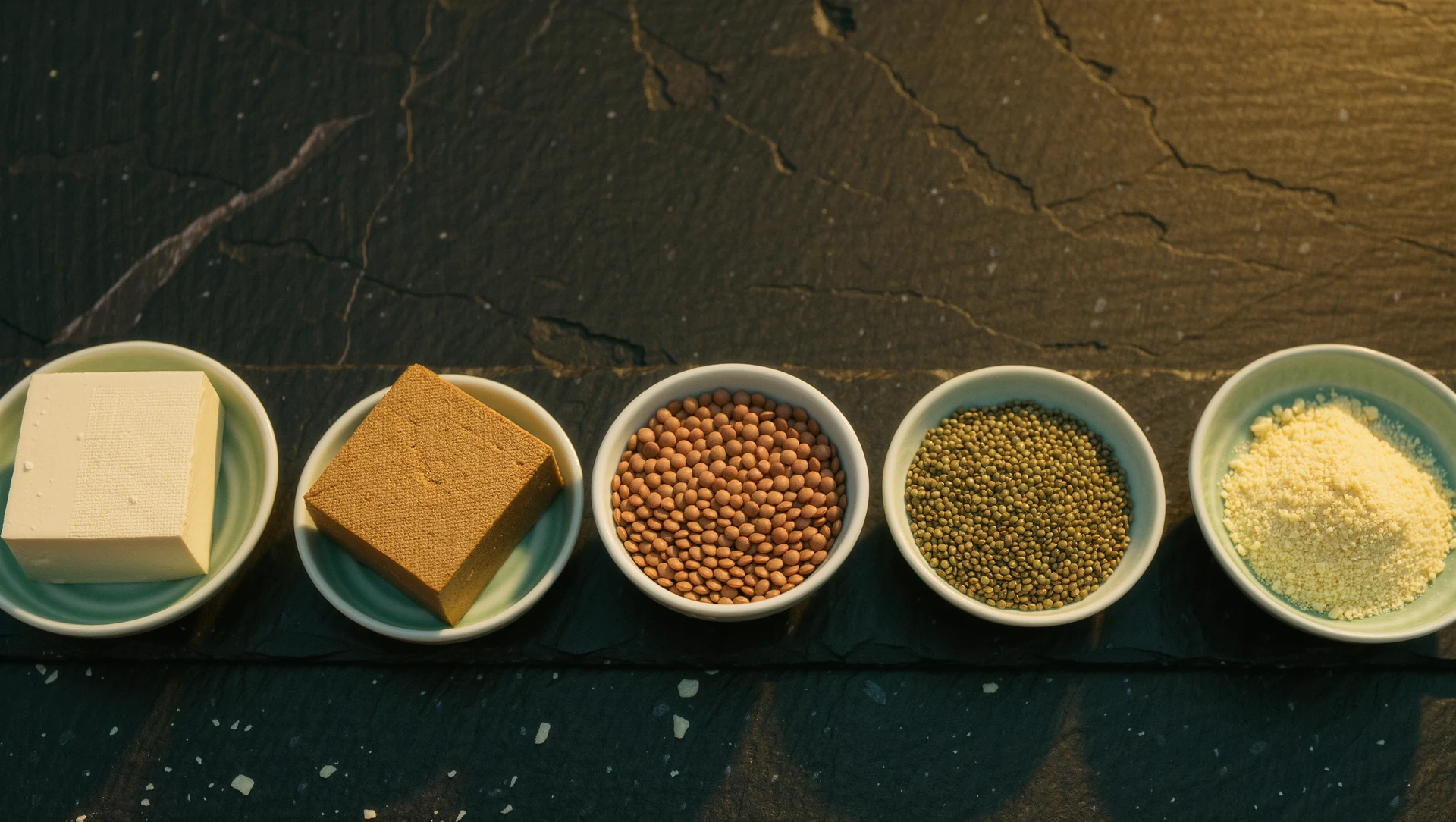 A neat still life of plant proteins: tofu, tempeh, lentils, hemp seeds and nutritional yeast in small ceramic dishes on dark stone