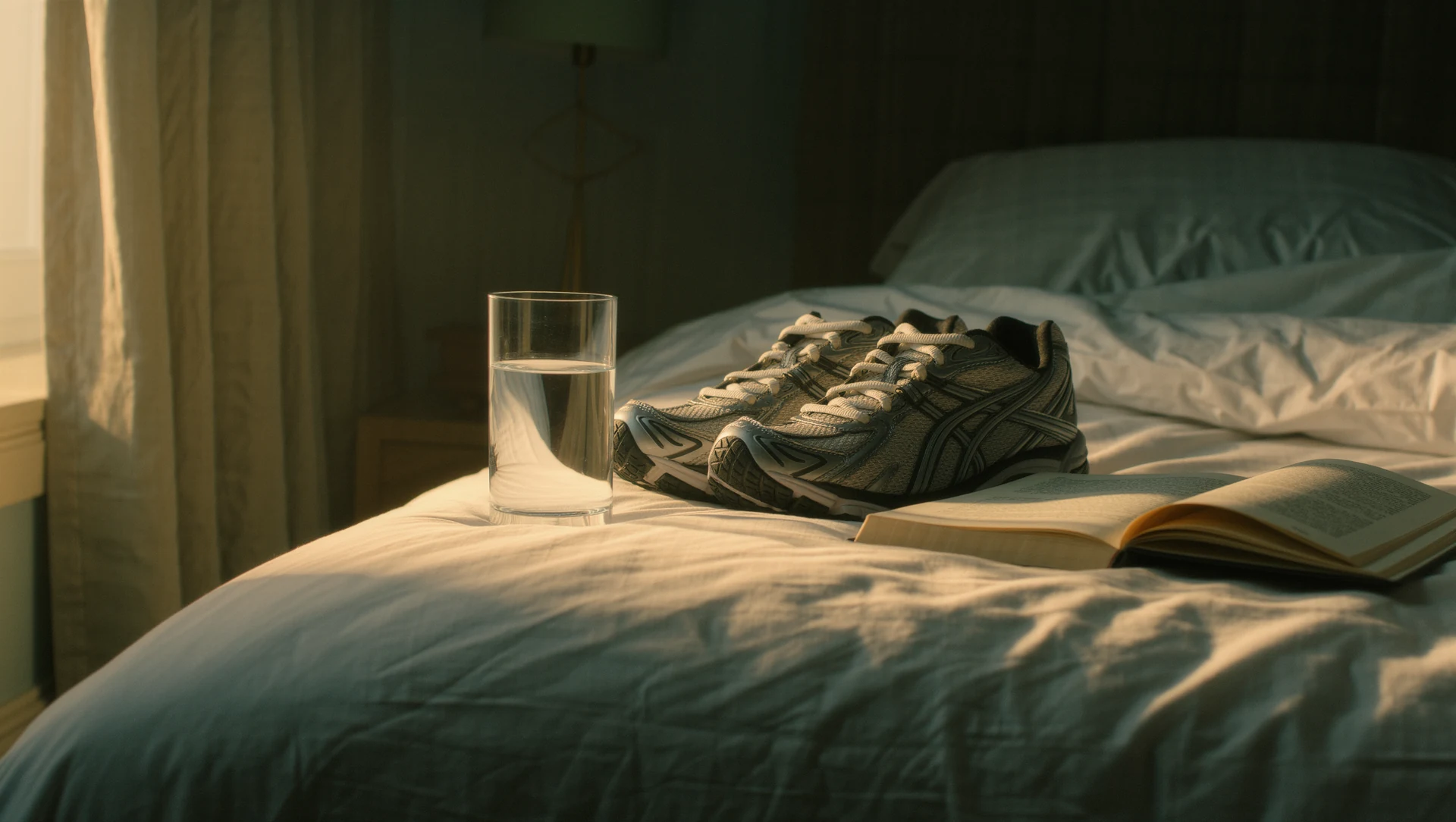 A morning still life: a made bed corner, running shoes, a glass of water and an open journal, cool dawn light warming at the edges