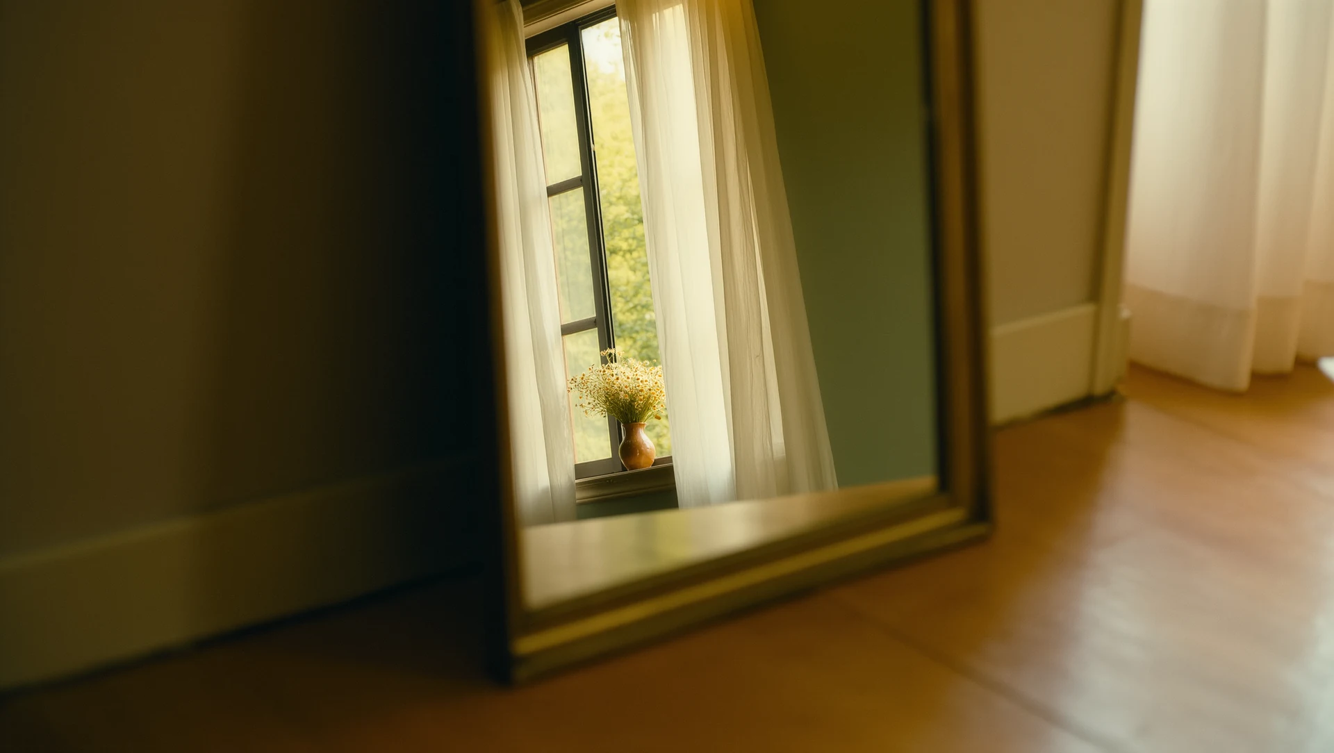 A mirror in a sunlit room reflecting an open window and a small vase of wildflowers, no person in the reflection