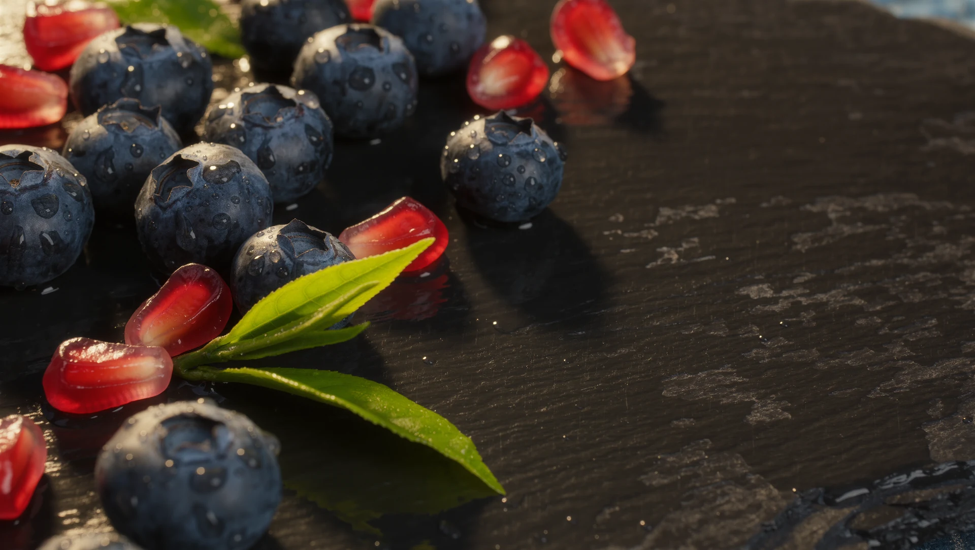 A macro of blueberries, pomegranate seeds and green tea leaves on dark slate, water droplets catching golden light