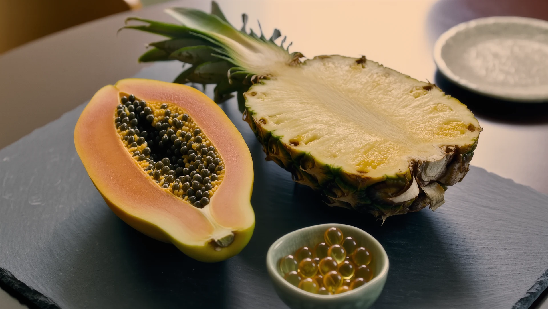 A cross-section of ripe papaya and pineapple on dark slate with a small dish of capsules, warm backlight through the fruit