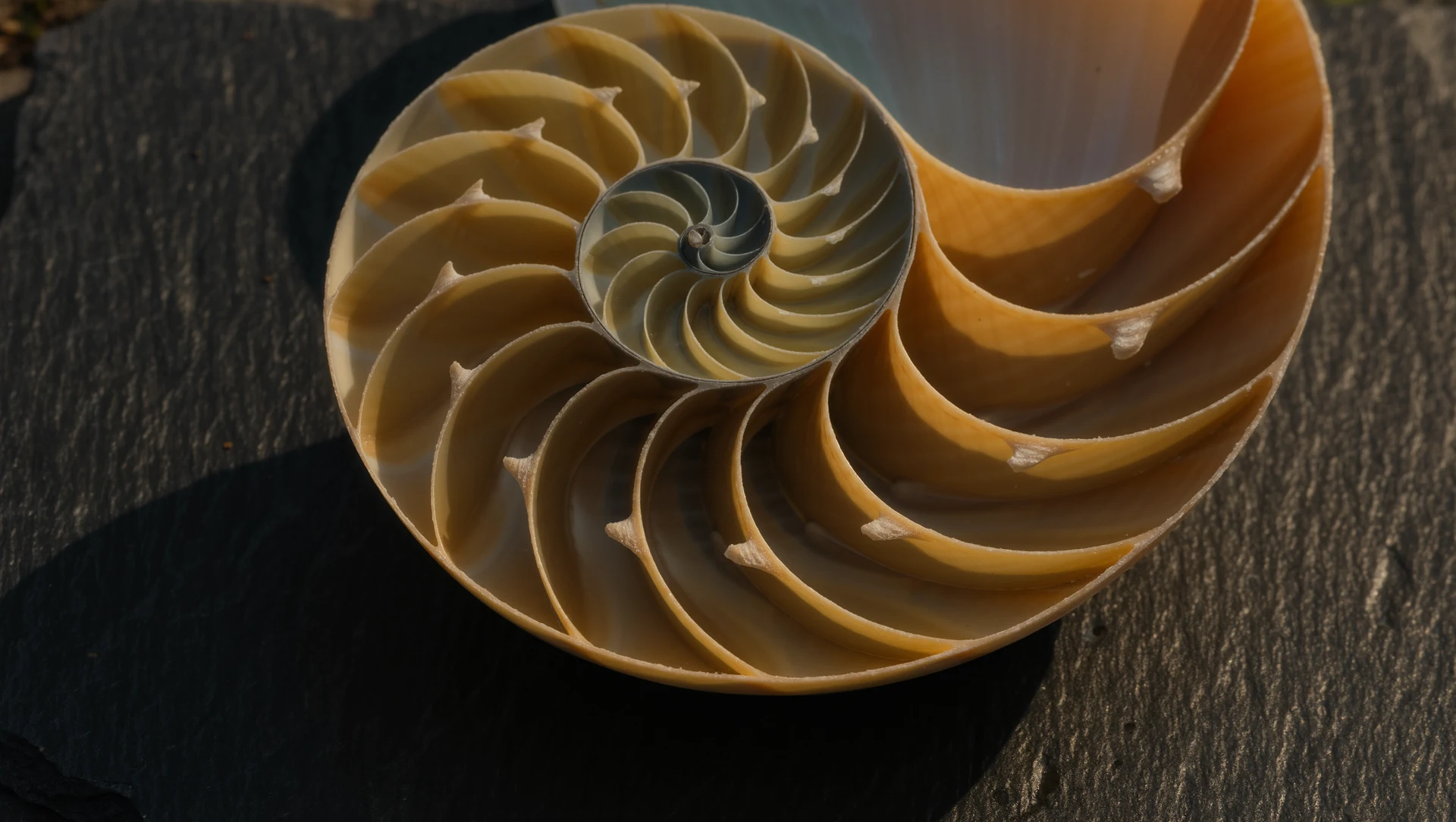 A macro of a nautilus shell cross-section on dark slate, its golden spiral catching warm rim light