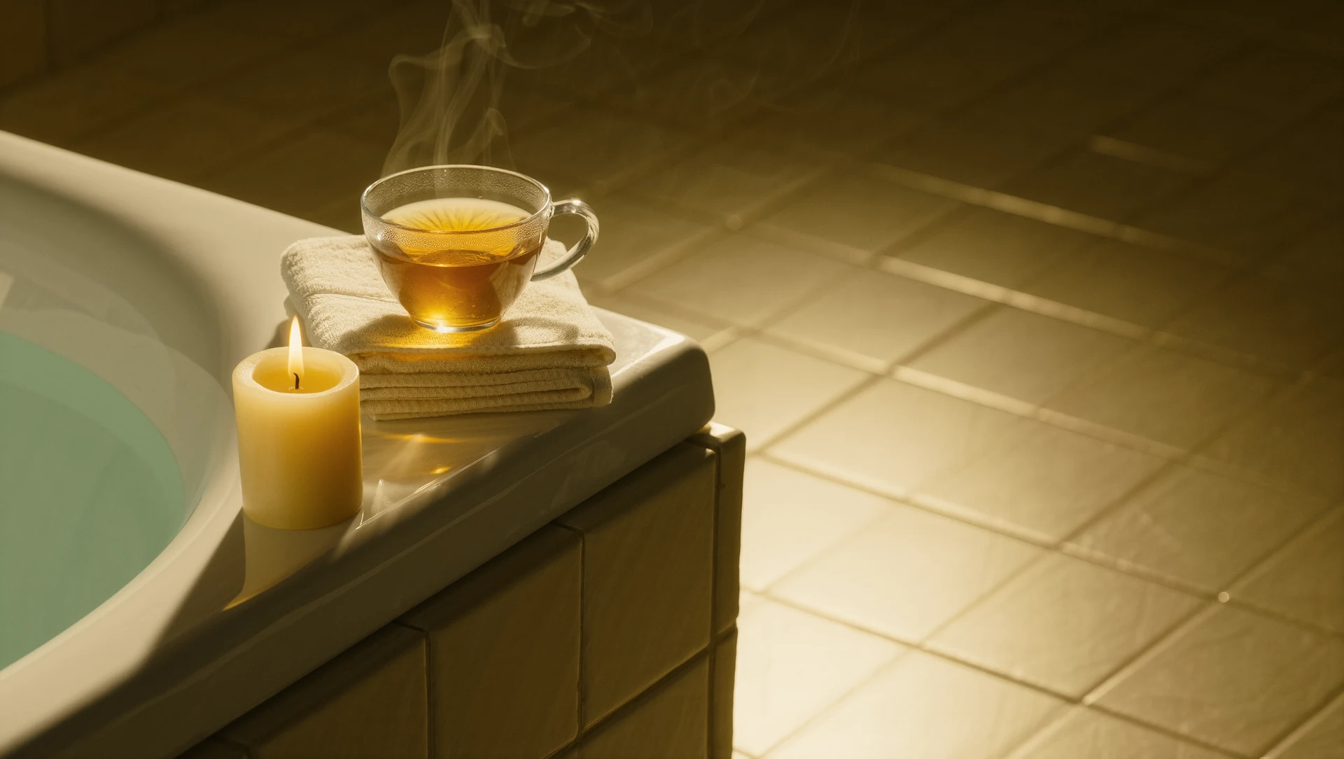 A bathtub edge with a lit candle, a folded towel and a cup of herbal tea, soft steam and warm low light in a tiled room