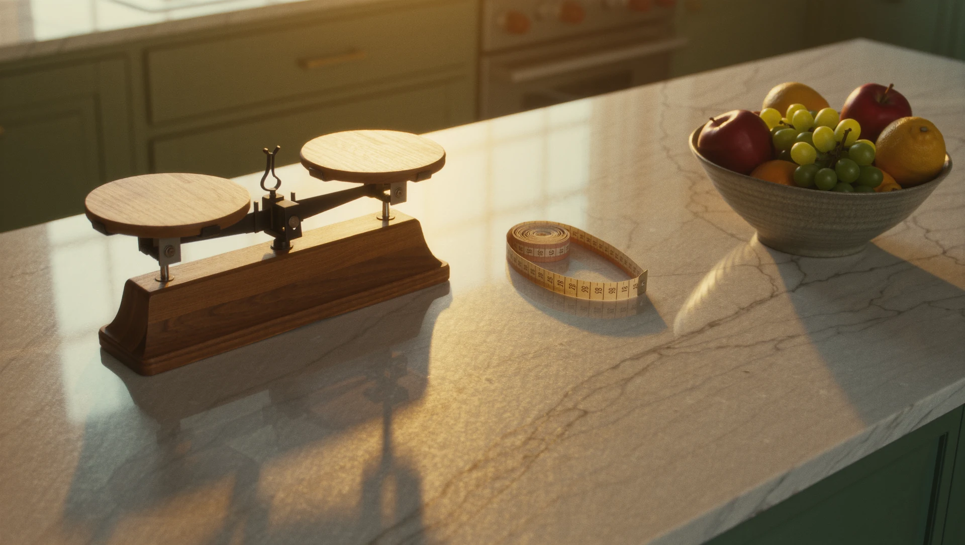 A wooden scale, a measuring tape and a bowl of fresh fruit on a kitchen counter in soft morning light