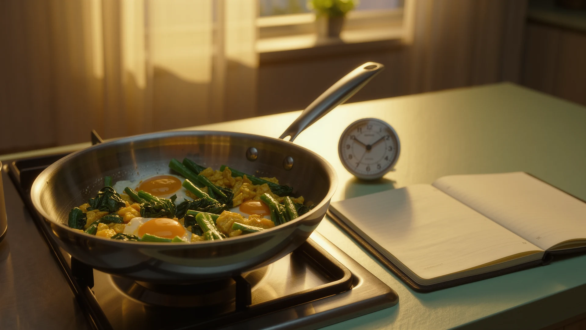 A single pan on a stove with a fast vegetable and egg dish, a kitchen timer and open notebook beside it, warm evening light
