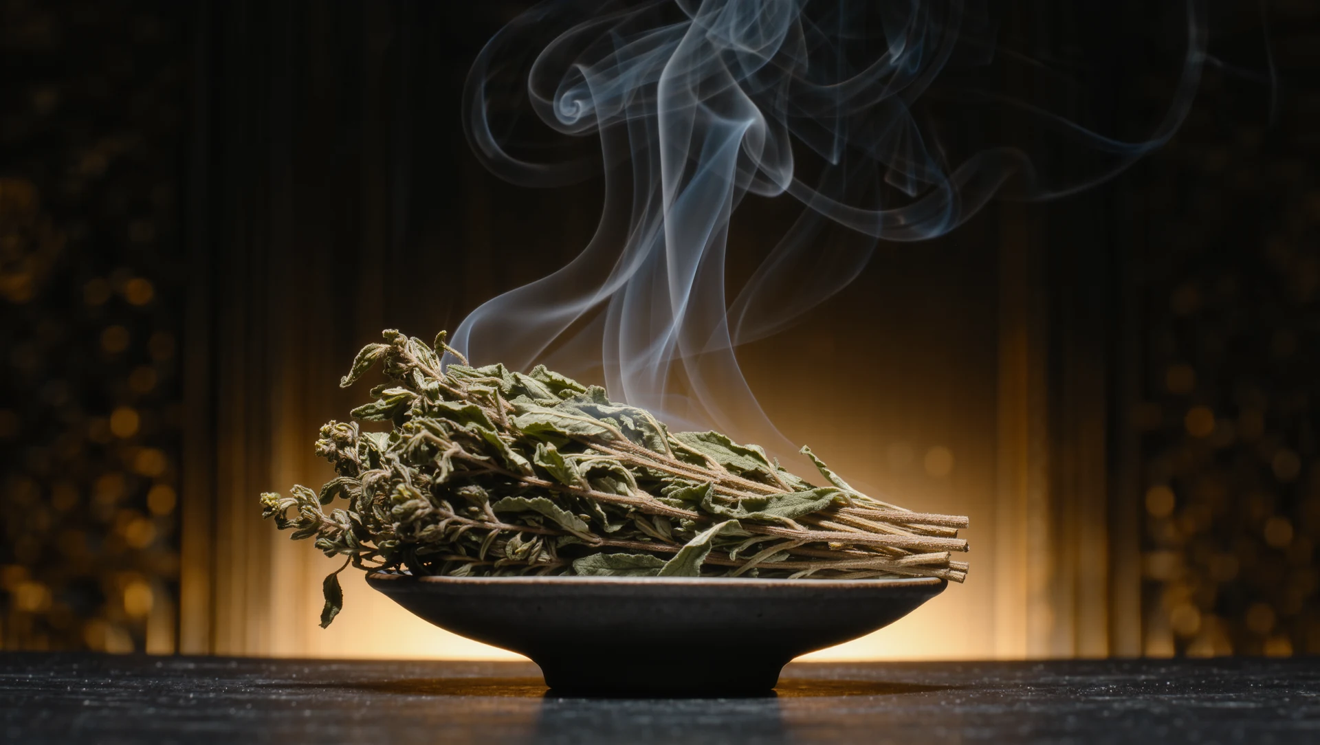 A bundle of dried herbs smouldering in a ceramic dish, pale smoke curling upward, backlit against a dark background