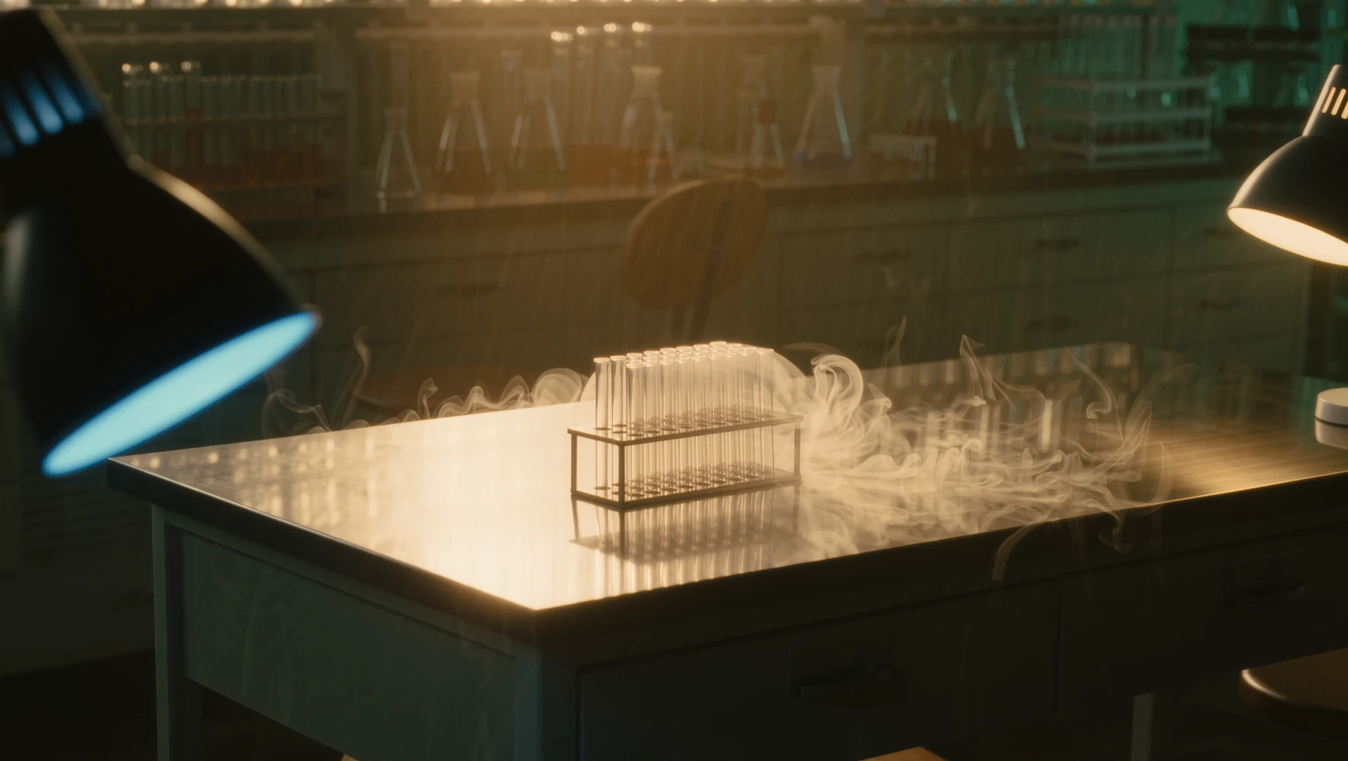 A laboratory bench in soft focus: a cryogenic vial rack releasing pale vapour, sterile blue light meeting a warm lamp from the side