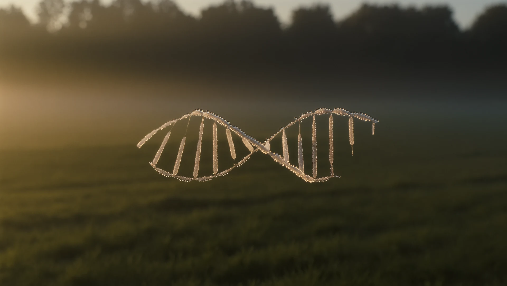 A macro shot of a DNA-like double helix formed by dew-covered spider silk in early morning light against a dark blurred meadow
