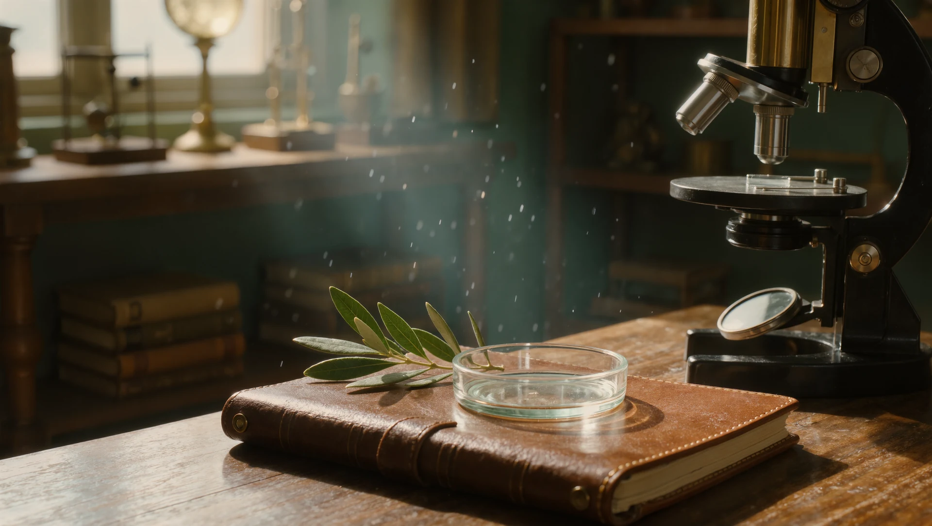 A quiet research desk at golden hour: a glass petri dish, a worn leather notebook and a single olive branch beside a brass