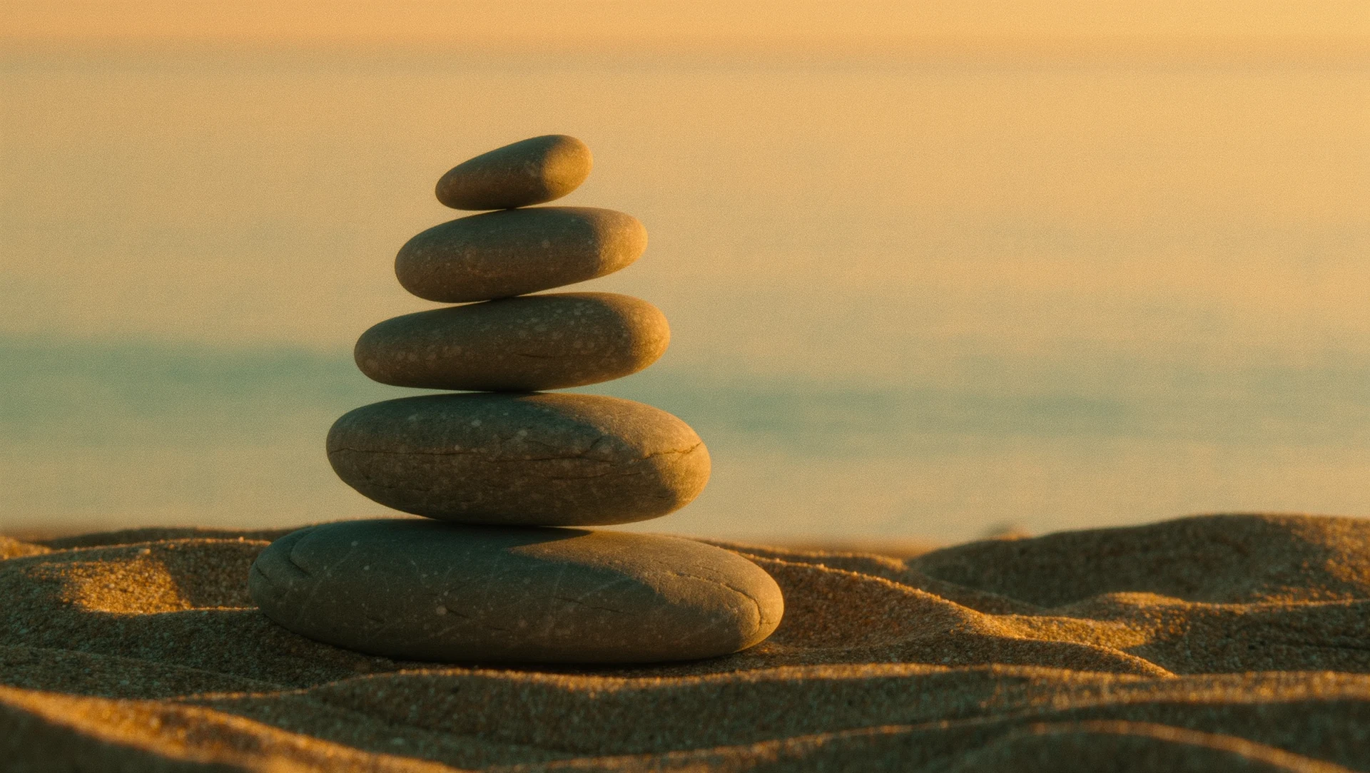 A perfectly balanced cairn of smooth stones on a beach at sunset, calm water and warm horizon light behind