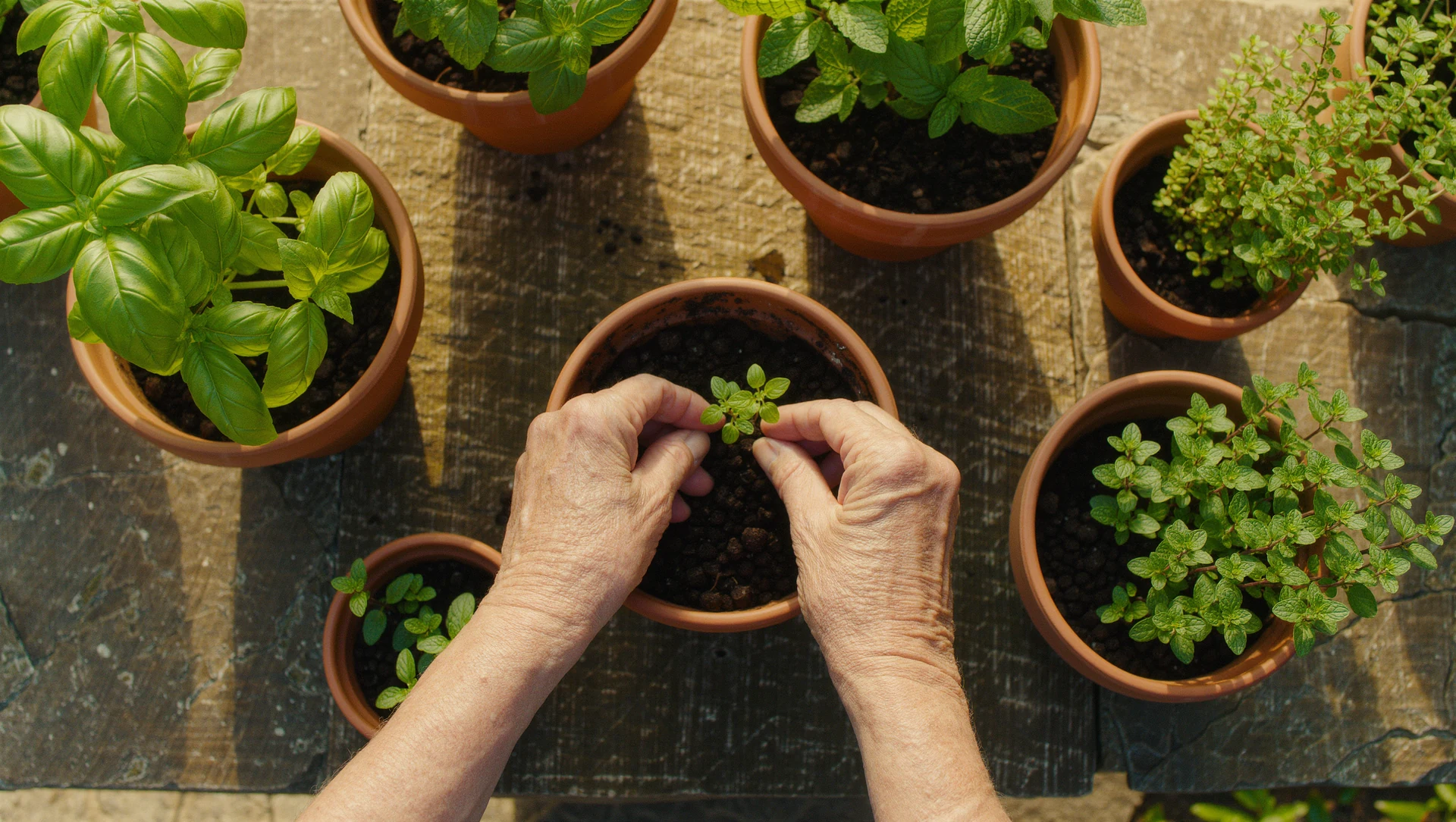 An elderly person's weathered hands, seen from above only, tending a small herb garden in terracotta pots on a sunlit stone terrace