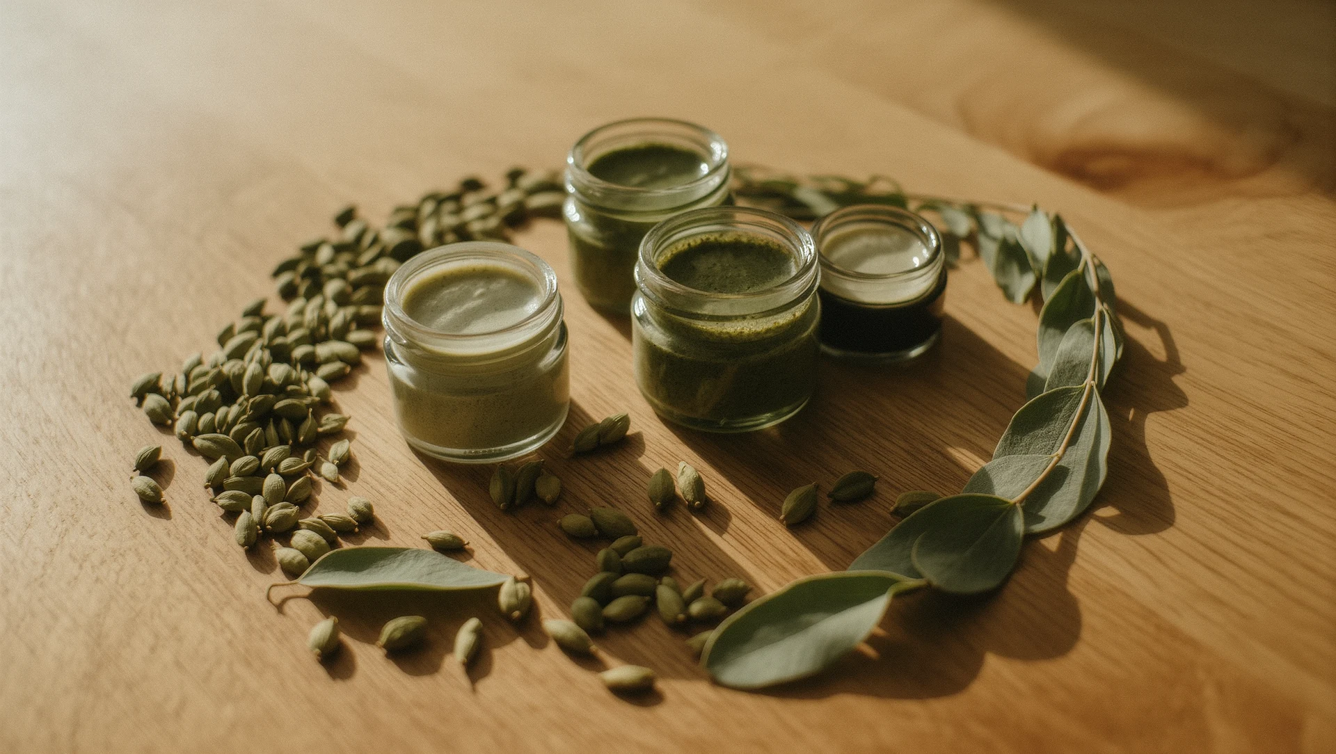 Small glass jars of plant-based supplements with hand-written blank labels, seeds and leaves arranged around them on light oak