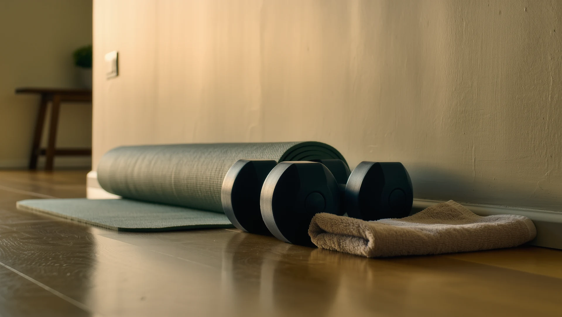 A tidy home gym corner at first light: a yoga mat, dumbbells and a folded towel against a bare plaster wall