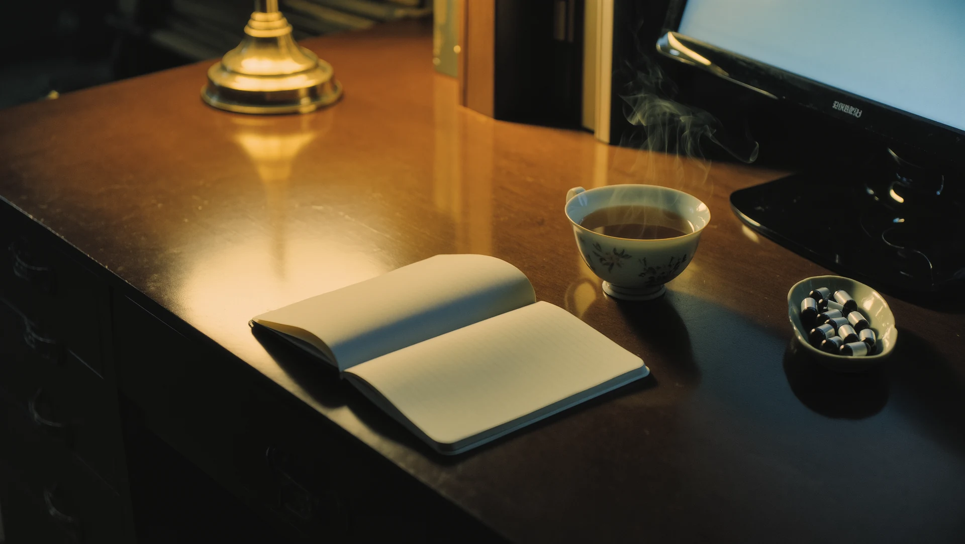 A dark desk lit by a single warm lamp: an open notebook, a cup of tea and a small dish of capsules, faint blue screen glow at the edge