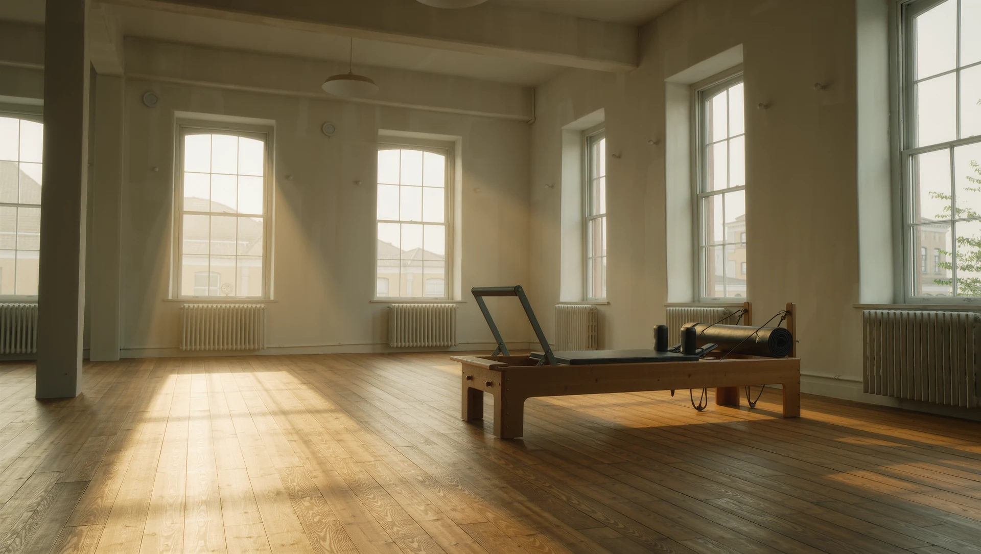 A quiet studio: a reformer bed and a rolled mat beside tall windows, morning light falling across pale wooden floorboards