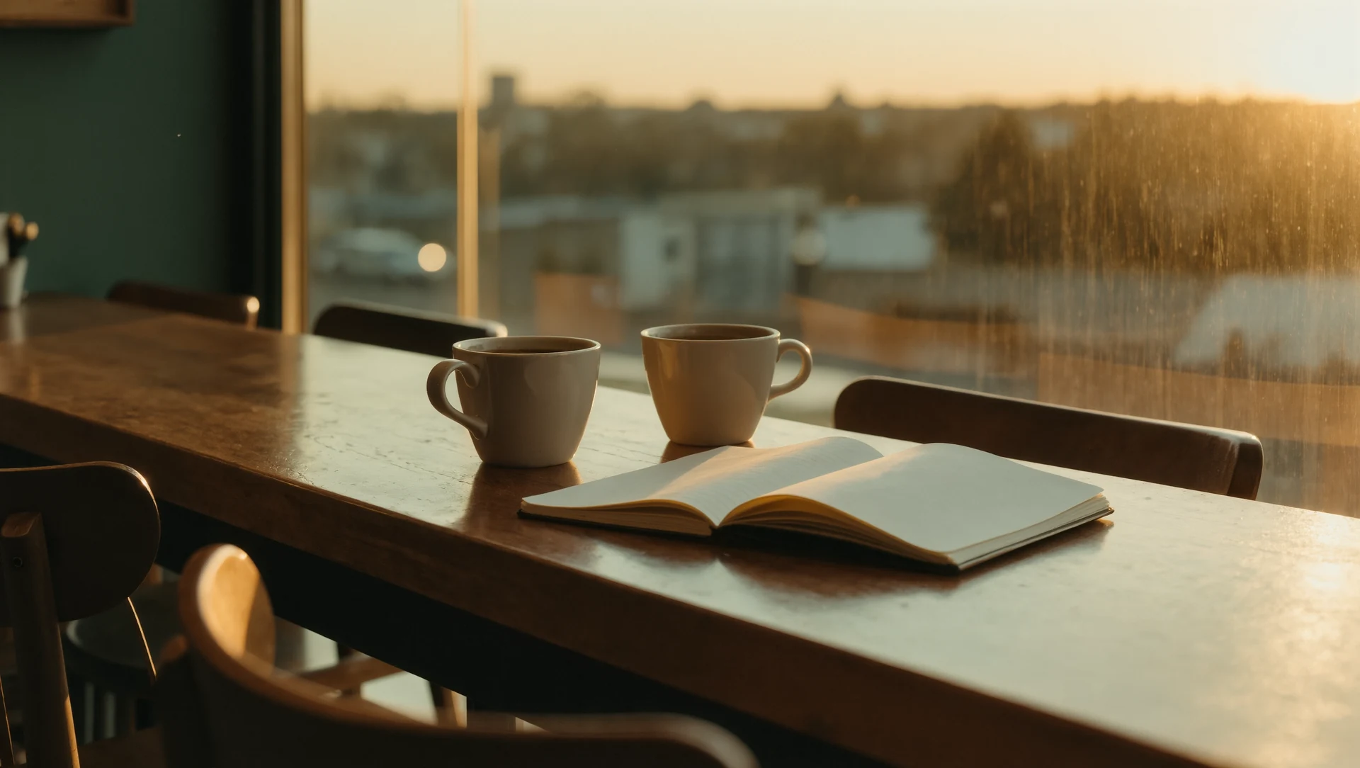 Two coffee cups and an open notebook on a café table by a window, warm afternoon light and empty chairs