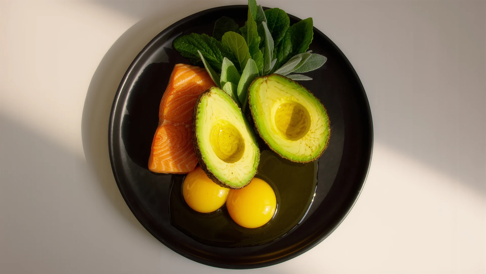A low-carb plate photographed from above: avocado halves, salmon fillet, olive oil, eggs and leafy greens on matte black ceramic