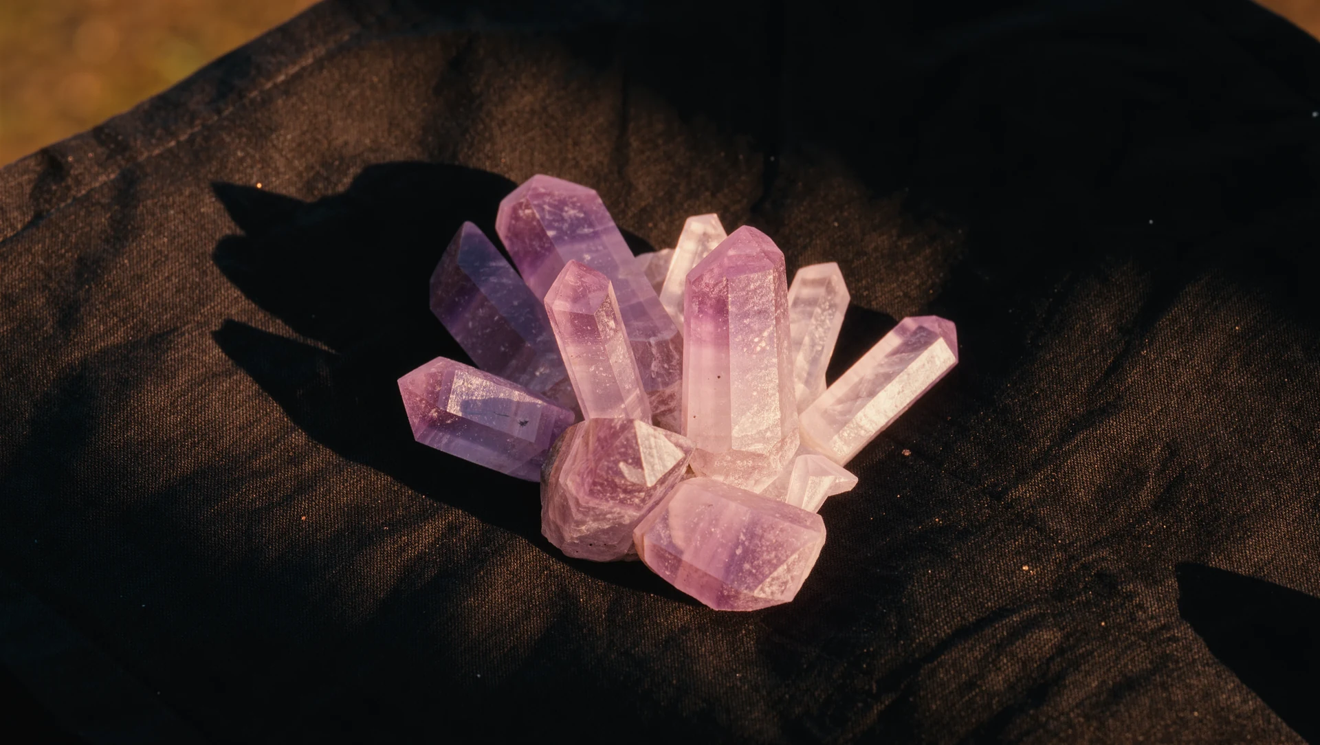A cluster of raw quartz and amethyst crystals on dark linen, warm light refracting through the facets into soft colour