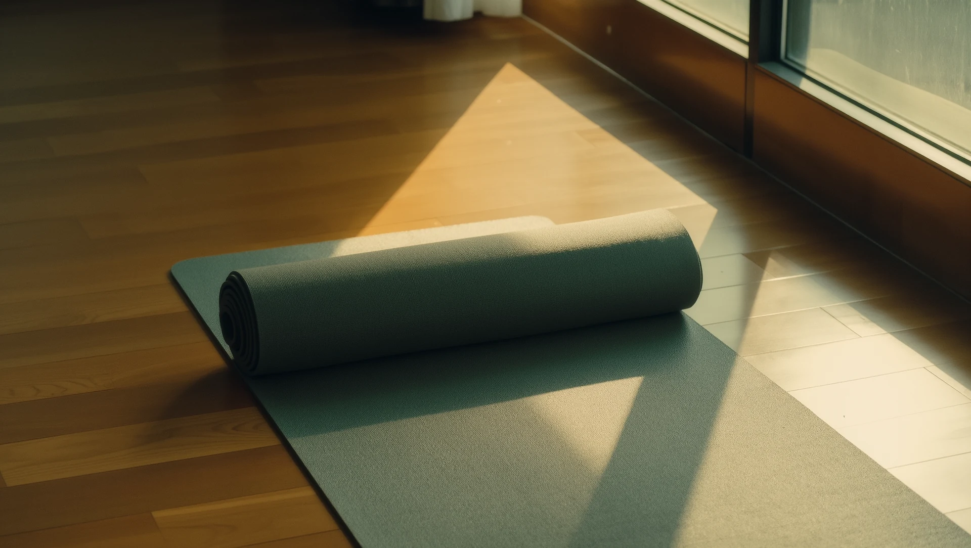A yoga mat unrolled on a wooden floor beside a window, sunlight and shadow forming a clean diagonal across the empty mat