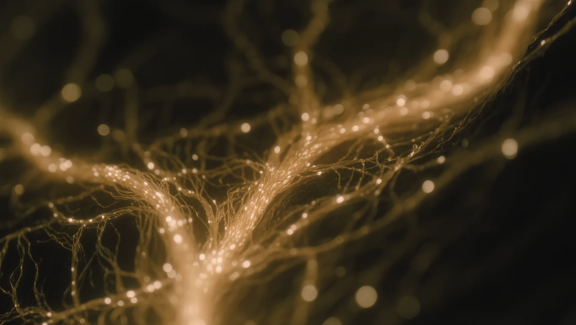 An abstract macro of glowing golden filaments branching through darkness like neural pathways, soft bokeh points of light