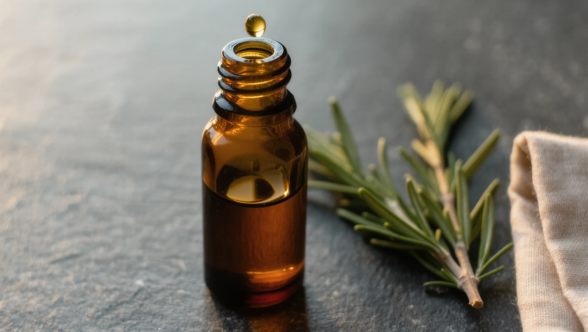 Close-up of a hand-blown amber glass serum bottle on cool grey stone, a drop of oil catching warm