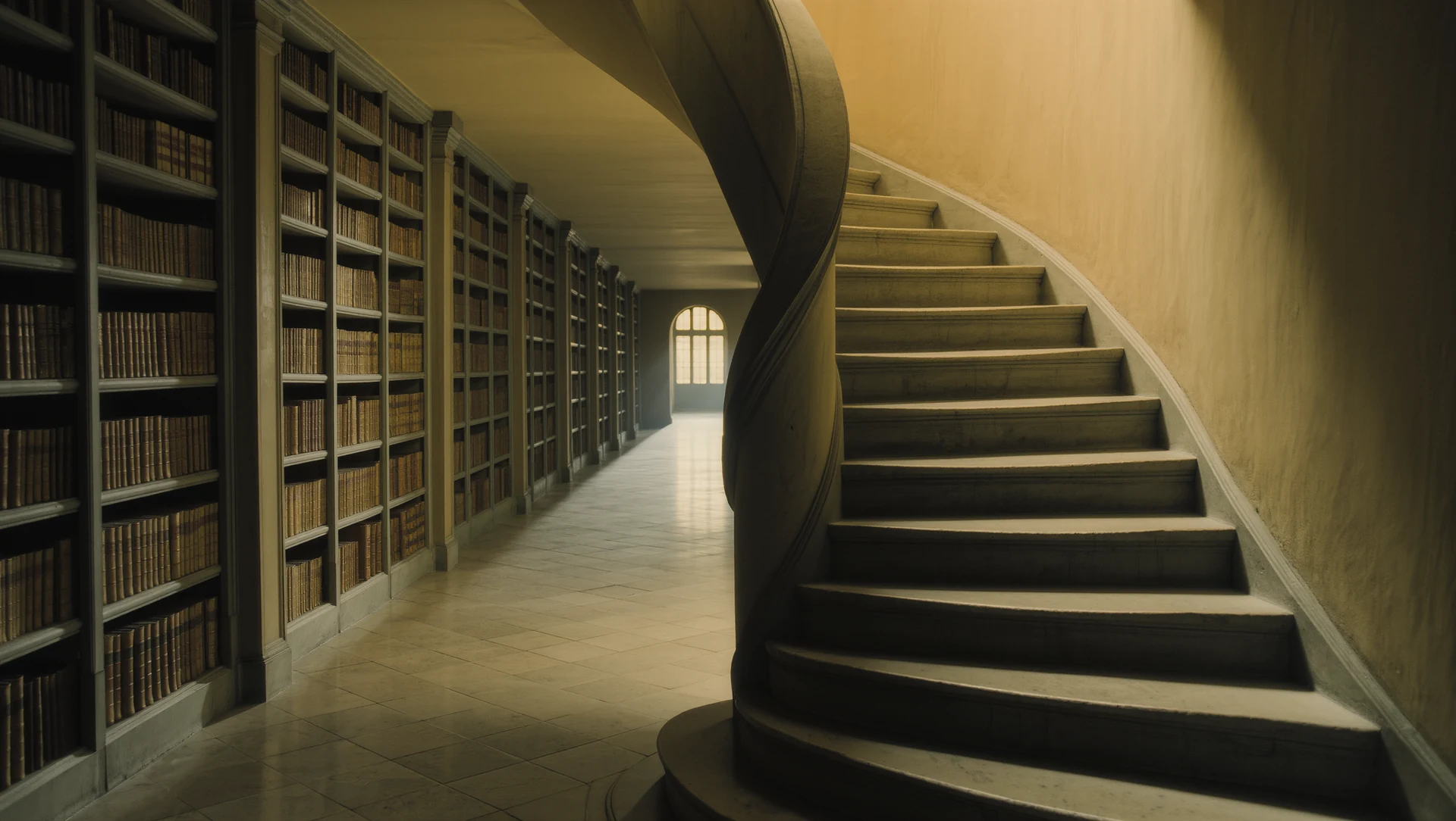A long sunlit corridor of an old library with a spiral staircase vanishing upward, warm golden light falling across worn stone steps