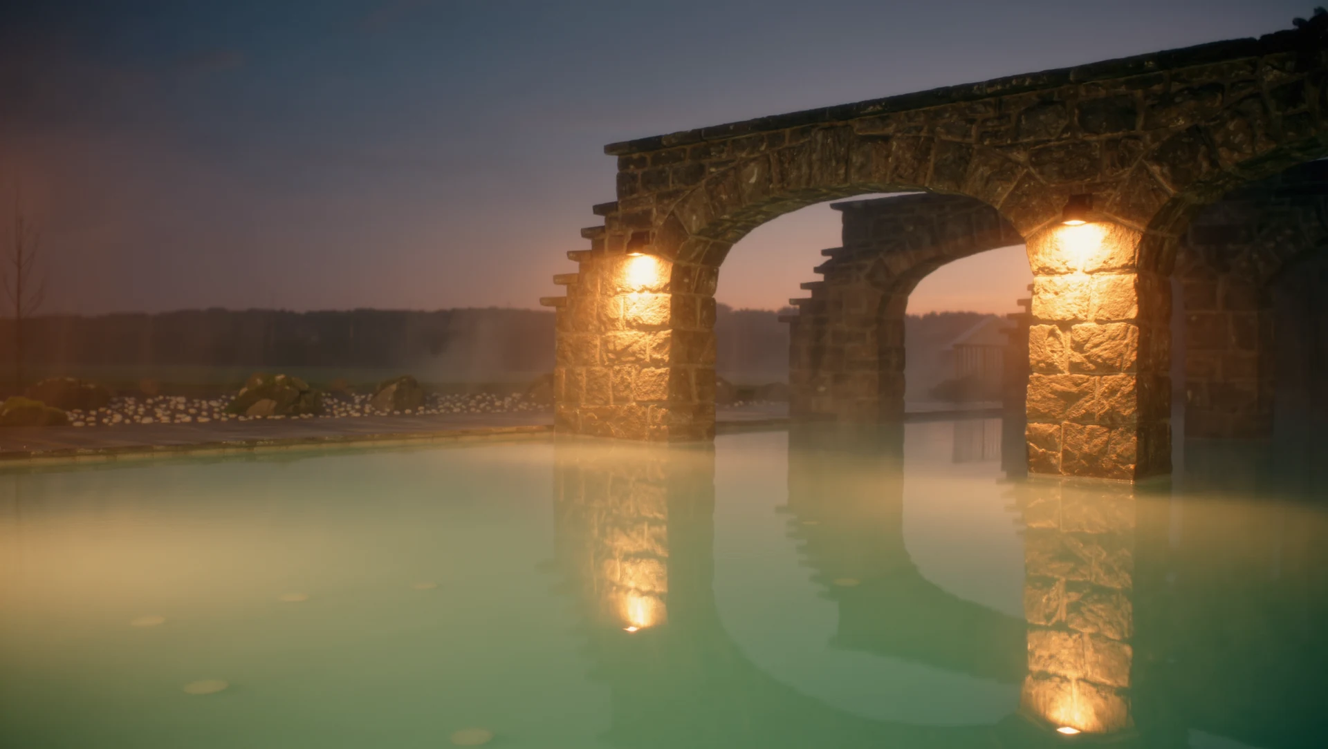 An empty thermal spa pool at dusk, steam rising from still turquoise water, stone arches and warm lantern light reflected on the surface