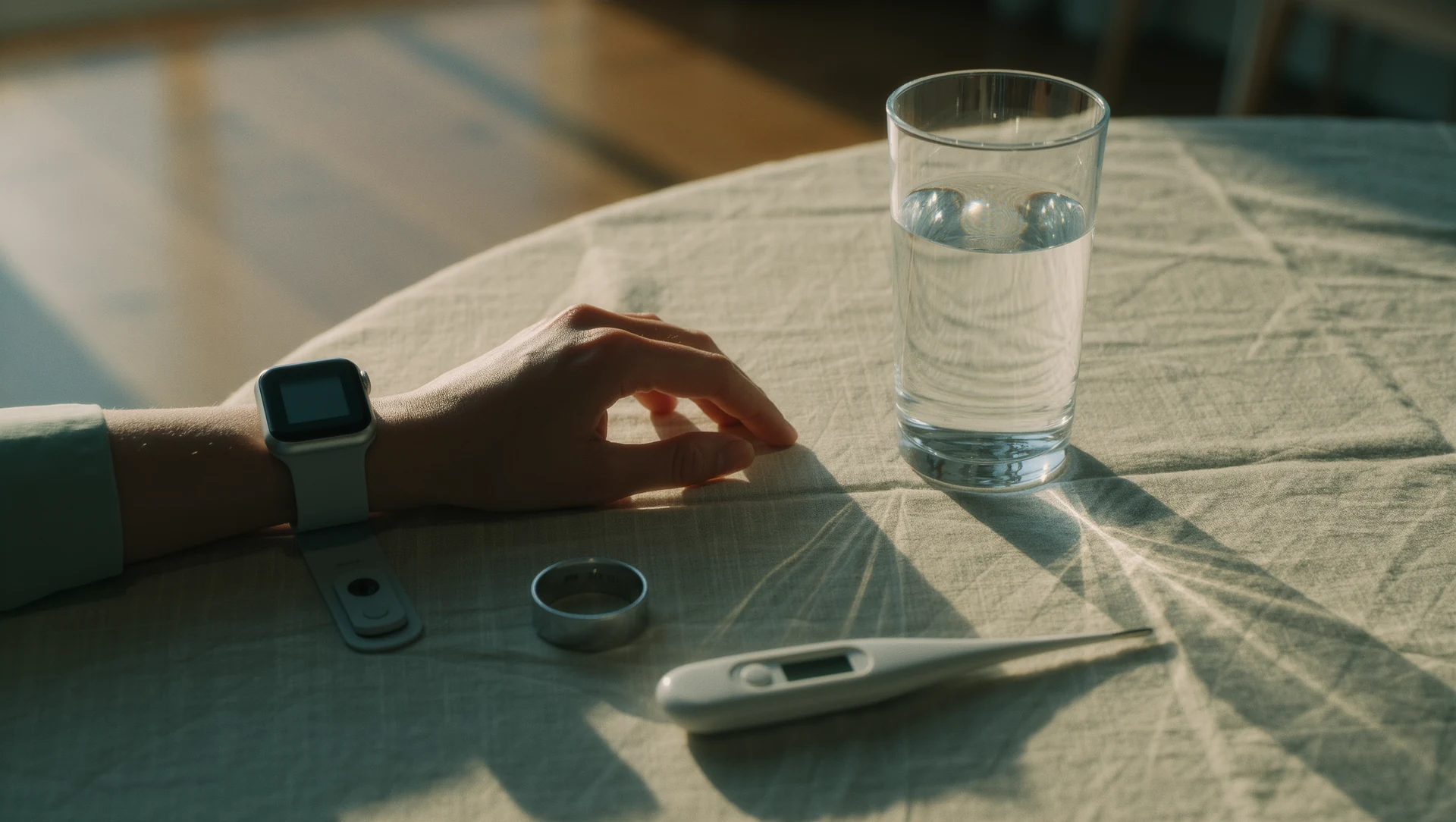 A minimalist morning ritual table: a continuous glucose monitor patch on an arm sleeve, a smart