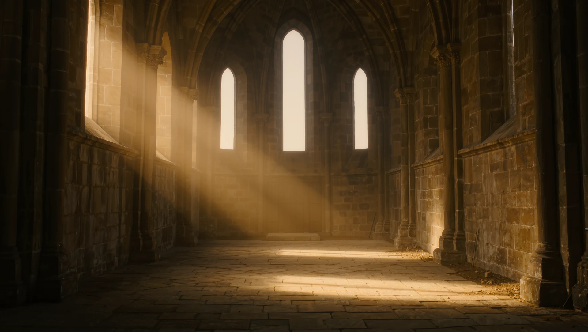 Shafts of warm light falling through the high windows of an empty stone chapel onto a worn floor, dust in the air