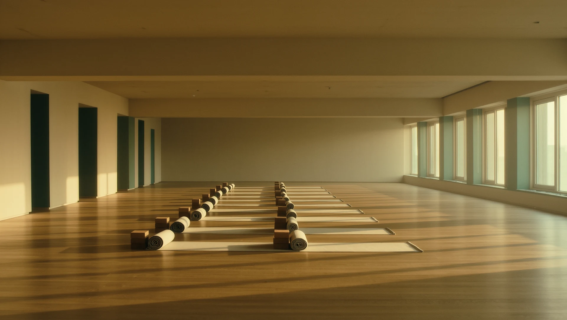 An empty yoga studio at sunrise: rolled mats, wooden blocks and tall windows, warm light washing across a bare floor